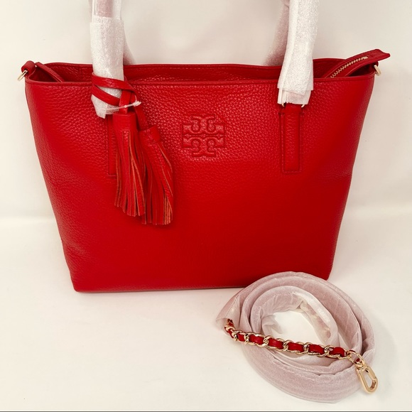 NEW Tory Burch Red Thea Small Convertible Red Pebbled Leather Tote - Picture 3 of 10